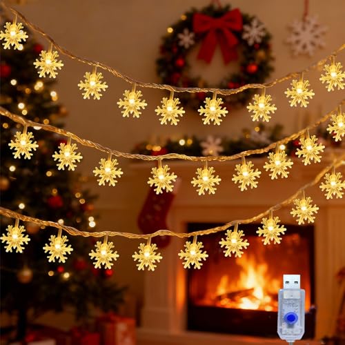 CNMTCCO Weihnachten Schneeflocke Lichterketten, 6M 40LED 8 Modi mit USB Lichterkette Weihnachten, Innen-Außen Lichterketten für Weihnachtsdeko, Schlafzimmer, Party, Balkon, Garten, Hochzeit, Warmweiß