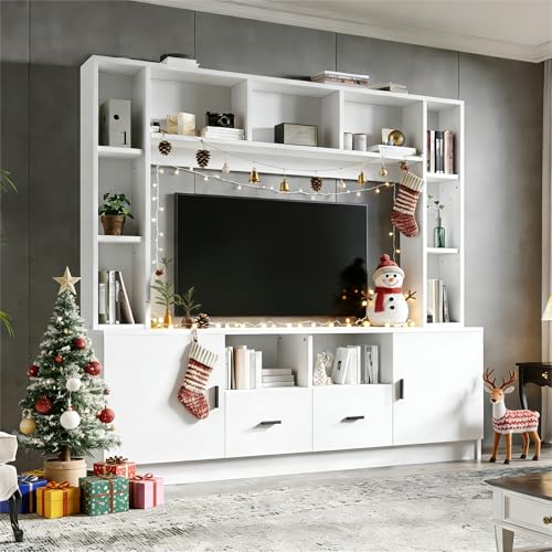 Gxffipw TV Wohnwand Wohnzimmer Set mit Vitrine und Schubladen für Fernseher bis zu 60 Zoll, Wohnwand Weiß Wohnzimmer Möbel Set mit TV Schrank und 11 Staufächer, Wohnzimmerschrank, 180x35x170 cm