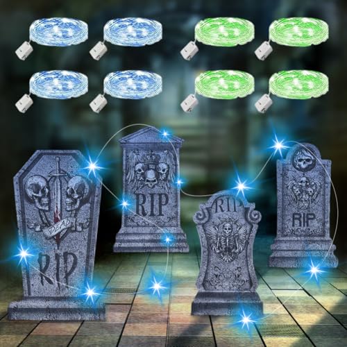 RANJIMA 4 Stück Halloween Glühendes Grabsteine Deko mit 8 Stück 3M Lichterkette, 41CM Halloween Grabstein Dekoration Außen Wasserdicht Grabstein Schilde für Rasenhof Hinterhof Haunted Friedhof Zombie