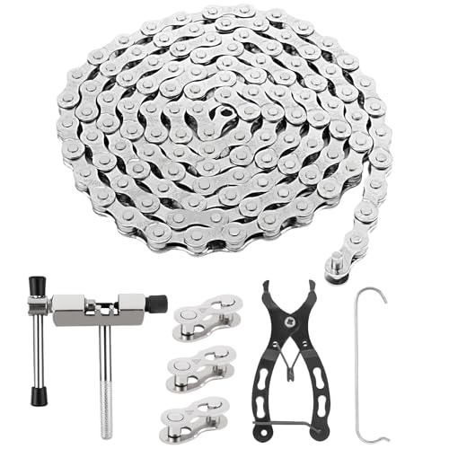 ROSE KULI Fahrradkette - 6/7/8 Fach Fahrrad Kette 1/2 x 3/32 Inch 116 Glieder, fahrradkette Werkzeug set mit kettenschloss zange,Kettenbrecher und 4 Paar Kettenschloss