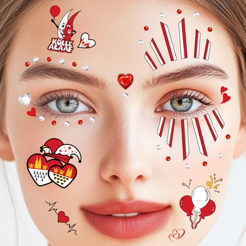 4 Blatt Gesichtstattoo Karneval Kölner Kostüm Damen Herren Glitzer Gesicht Aufkleber, Klebetattoos Kölle Alaaf Rot Weiss Herz Glitzersteine Tattoos, Erwachsene Kinder Fasching Schminke Accessoires