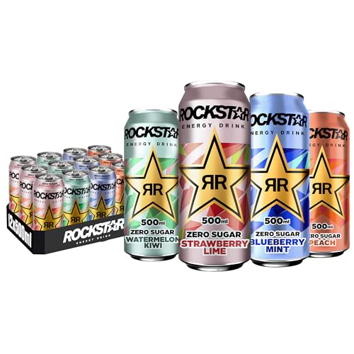 Rockstar Energy Drink Zero Sugar 12x500ml – Zuckerfreier Energy Drink Mix mit Blueberry Mint, Peach, Strawberry Lime & Watermelon Kiwi – Koffeinhaltige Erfrischung