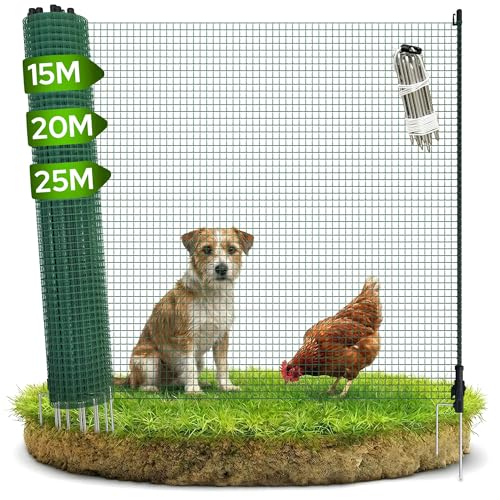 Arebos Mobiler Begrenzungszaun 15 m | Flexibler Gartenzaun 90 cm hoch | Absperrnetz mit 9 Pfosten | für Hunde, Hühner & Kleintiere | Wetterfest & mobil