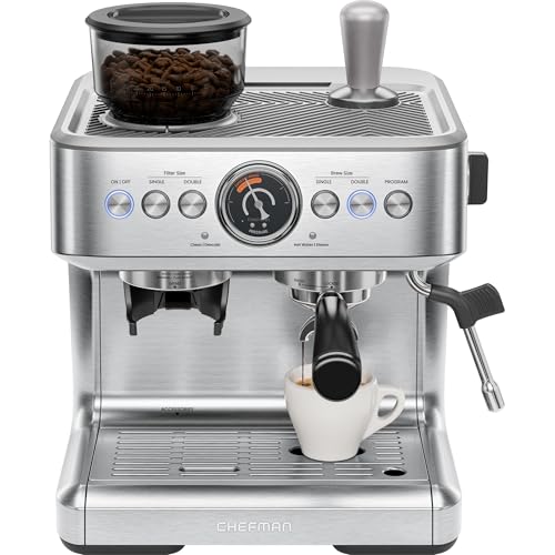 Chefman Crema Supreme 15 Bar Espressomaschine mit Milchaufschäumer, Barista Dampfstab, professionelle Kaffeemaschine mit Kaffeemühle, 30 Mahlgradeinstellungen, 3L abnehmbarer Wassertank - Edelstahl