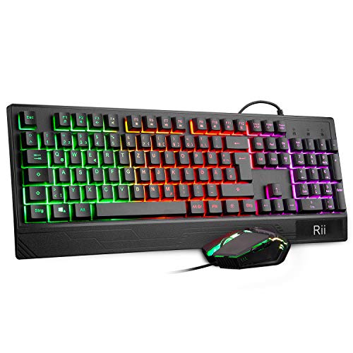 Rii Gaming Tastatur und Maus Set, Maus und Tastatur, RGB Hintergrundbeleuchtung QWERTZ (DE-Layout), Regenbogen Farben Beleuchtete USB Wasserdicht Tastatur und Maus mit 3200 für Pro PC Gamer