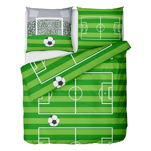 LINKHOFF Fußball Bettwäsche 135x200 cm 2tlg. - Biber Kinderbettwäsche Fußballmotiv in Grün - Bettwäsche-Set für Kinder mit Reißverschluss - 100% Baumwolle - Jungen Jungs