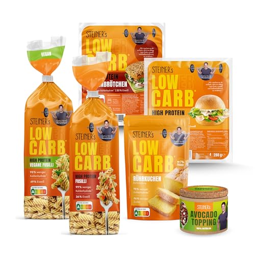 STEINER's Low Carb Kennenlern Box | 79-99% weniger Kohlenhydrate | Fusilli, Brötchen & Rührkuchen Backmischung | Inkl. Avocado Topping | Ballaststoffreich, Eiweißreich, low calorie Lebensmittel