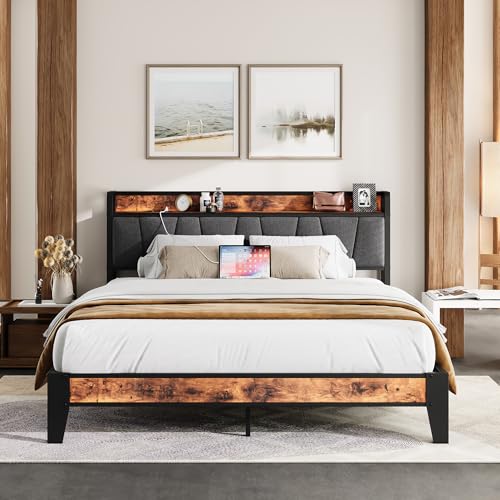 IRONCK Bett 160x200 mit Metal Lattenrost, Bettgestell 160x200cm mit Steckdosen, USB-Anschlüsse & Typ-C-Anschlüsse, Metallbett 160x200 mit Gepolstertem Kopfteil & Stauraum, Jugendbett, Doppelbett