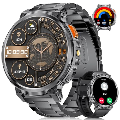 DREMAC Smartwatch Herren-1.85‘’ HD Großes Display/730 mAh Akku Sportuhr Herren mit Taschenlampe/120+ Sportmodi,IP68 Wasserdicht Fitnessuhr mit 24/7 Herzfrequenz,Schlafmonitor für Android iOS,2 Bänders