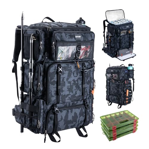 Goture 72L Angelrucksack mit Kühltasche (16L) & Trocken-/Nass-Fach - Verstellbare Fächer Wasserabweisende Angelgerätetasche mit 4 Köderbox Angeln, 2 Rutenhalter, Regenschutz für Angeln, Camping
