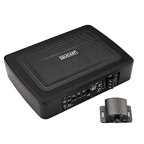 ISUDAR 9 Zoll schlanker Max 600W Subwoofer Aktiv Powered Untersitz-Auto Audio Subwoofer eingebautem Verstärker für Auto/LKW mit Fernbedienung niedrigen und hohen Eingangspegeln, Schwarz