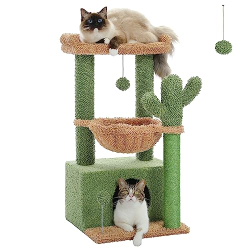 PAWZ Road Kaktus Katzenbaum für Indoor-Katzen mit Hängematte, Katzenturm mit Sisal-überzogenem Kratzbaum, großer oberer Sitzstange, Katzenkratzbaum, Grün 83 cm