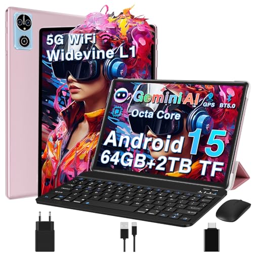 Tablet 10 Zoll Android 15 Tablets mit 64GB+2TB TF, Gemini AI, Widevide L1 FHD IPS, Octa-Core 2.0GHz, 5G+2.4G WLAN, 8MP+5MP, BT5.0, Face ID,6000mAh, BT5.0, GMS Tablet mit Tastatur und Maus - RoséGold