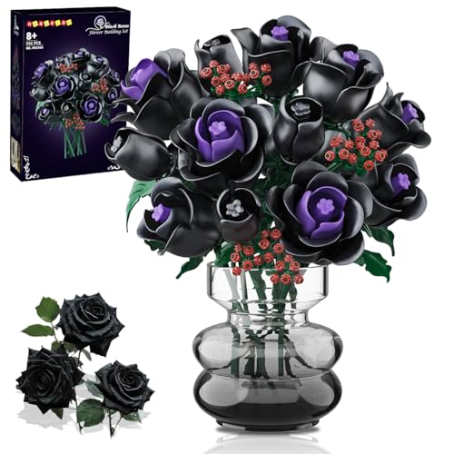 HOGOKIDS Blumenstrauß Bausatz – 15 Schwarze Rosen Blumen Botanische Bausteine Künstliche Spielzeug 330 Teile Gothic Heimdekoration Muttertag Geburtstagsgeschenk für Erwachsene Frauen Mädchen 8+ Jahren