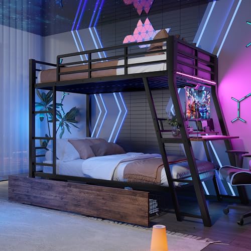 Hochbett Jugendbett 90x200 für 2 Kinder, Kinderbett Etagenbett mit LED-Licht&Schreibtisch&Schubladen&Leiter, Metallbett Stockbett Bettgestell mit Rausfallschutz und Lattenrost, Ohne Matratze, Schwarz