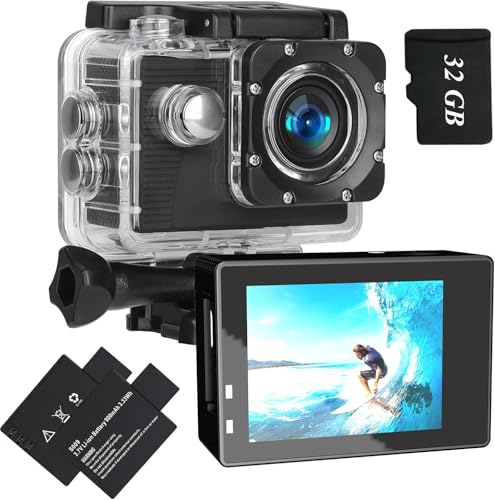 Xilecam Action Cam 1080P Helmkamera mit 32GB Karte, Unterwasserkamera wasserdicht bis 40M，Action Kamera mit Zwei wiederaufladbare Akkus und Accessories (A6B)