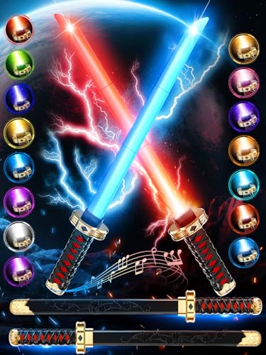 VATOS 2 Stück Lichtschwert für Kinder, RGB 15 Farben LED Ninja-Schwert mit Scheide und Kampfsoundeffekten, USB-aufladbares Lichtschwert-Requisiten für Cosplay, Weihnachten, Halloween, Anime-Fans