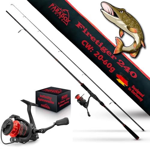Paradox Fishing Firetiger Spinnrute mit Rolle I 2,4m 20-60g mit 4000 Rolle I Spinnruten perfekt für Hecht Rute - Angelrute Hecht Hechtrute Hecht Spinnrute