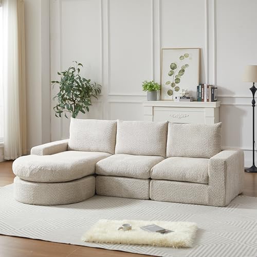 HAUSPROFI Chenille Ecksofa mit Schlaffunktion & gebogener Ecke, Modulares Kombinationssofa, Komprimierter Schaumstoff, Ohne Montage, L-Form, 251x160x81 cm, Beige