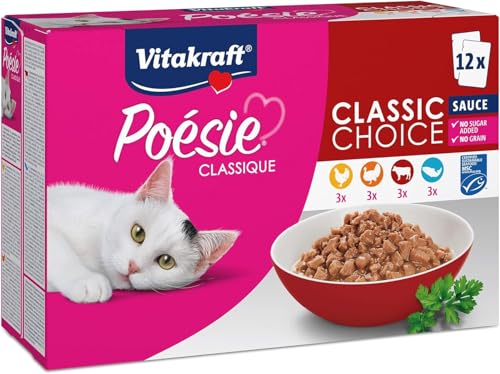Vitakraft Poésie Classique, Nassfutter Katze, Katzennassfutter in Sauce, mit Huhn, mit Truthahn, mit Rind, mit Lachs, ohne Zusatz von Zucker und Getreide (1 Paket mit 12x 85g)