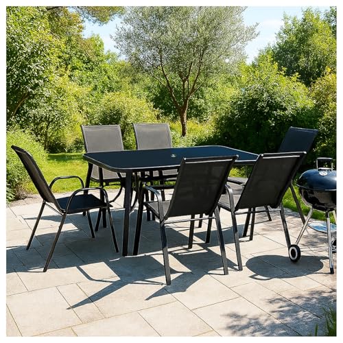 VORTIVO 7-teiliges Gartenmöbel Set | Sitzgruppe Essgruppe für 6 Personen – Tisch mit Glasplatte Stühle stapelbar – wetterfeste Essgruppe für Garten, Balkon & Terrasse – Schwarz