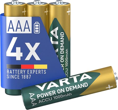 VARTA Batterien AAA, wiederaufladbar, 4 Stück, Power on Demand Recharge Accu, Akku, 1000 mAh Ni-MH, ohne Memory Effekt, vorgeladen, sofort einsatzbereit
