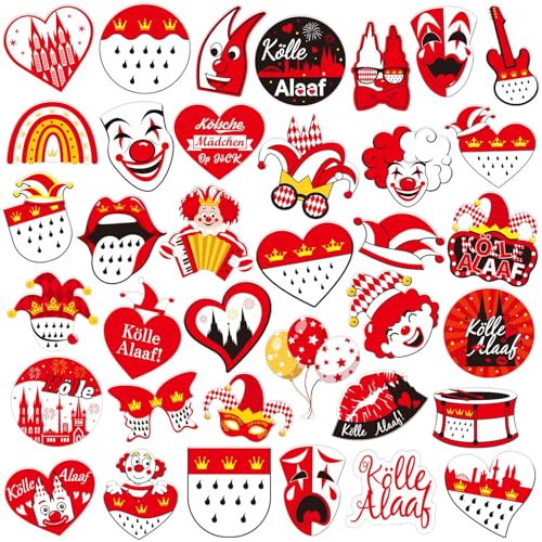 SEPGLITTER 36 Stück Karneval Anstecker Set, Rot Weiß Köln Fasching Anstecker Pins Acryl mit Hippie Herz Alaaf Design für Kölner Karneval Accessoires