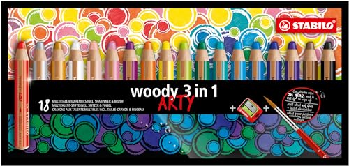 STABILO - Buntstift, Wasserfarbe & Wachsmalkreide - woody 3 in 1 - ARTY - 18er Pack mit Spitzer und Pinsel - 18