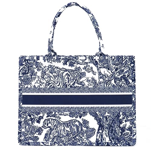 FENGJINRUHUA Modische Luxus-Tragetasche, Baumwoll-Leinen, Handtasche, großes Fassungsvermögen, Jacquard-Stickerei, Retro, exquisit, blau, Large