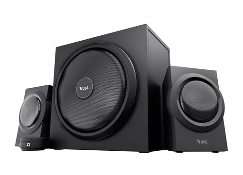 Trust Yuri 2.1 PC Lautsprecher mit Subwoofer, 120W Spitzenleistung, Subwoofer aus Holz mit einem Starken 5,25 Zoll-Basstreiber, Lautstärkeregelung mit Kopfhörer- und Line-In-Anschluss, Schwarz