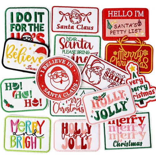 15 Stück Weihnachten Bügelbilder bestickt Urlaub Sprüche Text Satz Applikationen Merry Christmas Santa Ho - DIY Nähen oder Wärmeübertragung Patch Set für Kleidung Jacken Hüte Rucksäcke