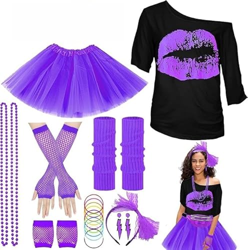 mojingder Karneval Kostüm Damen-80er 90er Jahre Outfit Damen,T-Shirt,Tutu,Gläser,Beinwärmer,Stirnband,Ohrring,Halskette,Netzhandschuhe,90er Jahre Outfit Damen 80er Kostüm,Neon Accessoires Frauen
