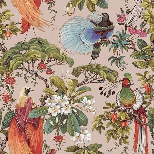 VEELIKE Tapete Vogel Staubrosa Blumentapete Selbstklebende Tapete Blumen Rosa Chinoiserie Vogel Mustertapete Fototapete Wald Tropische Wand Dekoration Schlafzimmer Badezimmer 44.5 cm × 300 cm