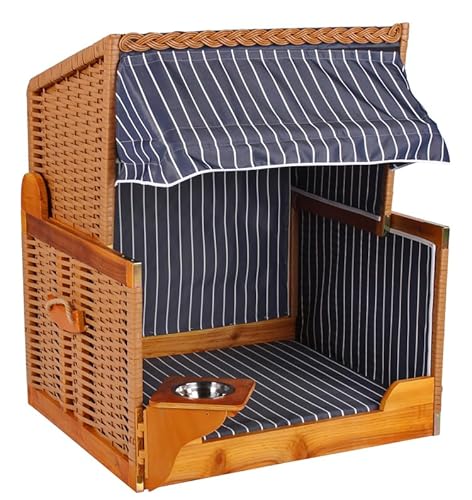 MR. DEKO Hundestrandkorb Wacholder | Outdoorkörbchen Blau | Hundehütte mit Dach | Katzenbett Sonnenschutz | Wassernapf schwenkbar | Strandkorb für Hunde