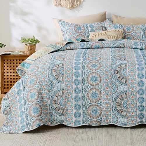 Qucover Tagesdecke Bettüberwurf, Doppelseitig Boho Tagesdecke mit Ethnischen Mustern 230x250cm, Wohndecke Weiche Sofaüberwurf, Steppdecke mit 2 Kissenbezug 50x75cm für Landhausstil & Moderner Wohnstil