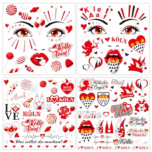 HOWAF 4 Bogen Gesichtstattoo Karneval Köln Accessoires, Face Tattoo Kölle Alaaf, Köln Tattoos Karneval Aufkleber Gesicht Karneval für Karneval Kostüm Köln, Fasching Kostüm, Rot Weiss
