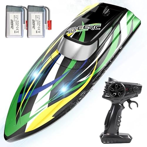 DEERC RC-Boot mit LED-Beleuchtung, 30 km/h schnelles ferngesteuertes Rennboot, selbstaufrichtend, 2 Akkus, über 24 Minuten Fahrzeit, 2,4 GHz Pool- und Seespielzeug für Kinder und Erwachsene