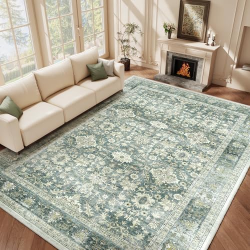 HOMFINE Grün Vintage Teppich Wohnzimmer 160x230 cm Waschbarer Kurzflor Boho Teppiche Weich rutschfest Groß Retro Rugs for Living Room Carpet for Schlafzimmer Esszimmer Küche
