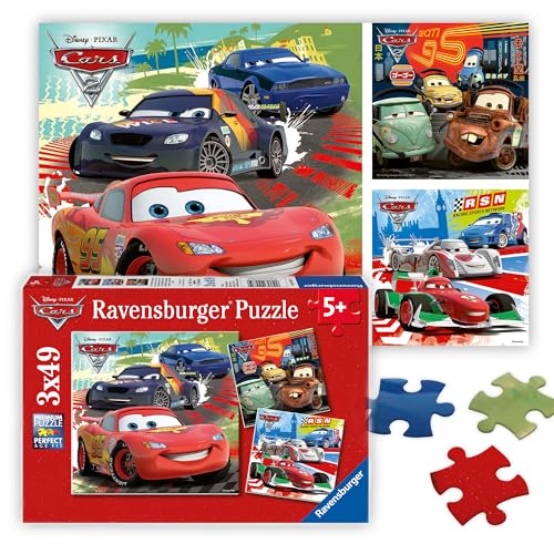 Ravensburger Kinderpuzzle - 09281 Weltweiter Rennspaß - Puzzle für Kinder ab 5 Jahren, Disney Cars Puzzle mit 3x49 Teilen