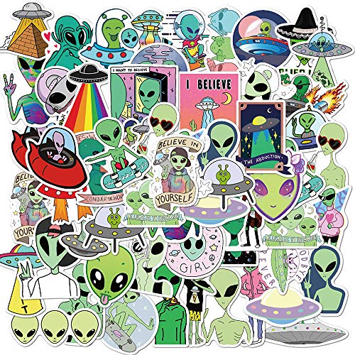 50 Stück Alien Sticker Coole wasserdichte Vinyl-Aufkleber für Laptop, Skateboard, Wasserflaschen, Computer, Stoßstange, Telefon, Schutzhelm, Auto-Cartoon-UFO-Aufkleber und Aufkleber, Kinder, Teenager