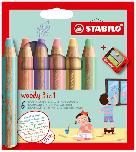 STABILO - Buntstift, Wasserfarbe & Wachsmalkreide - woody 3 in 1-6er Pack mit Spitzer - 6 verschiedene Pastellfarben
