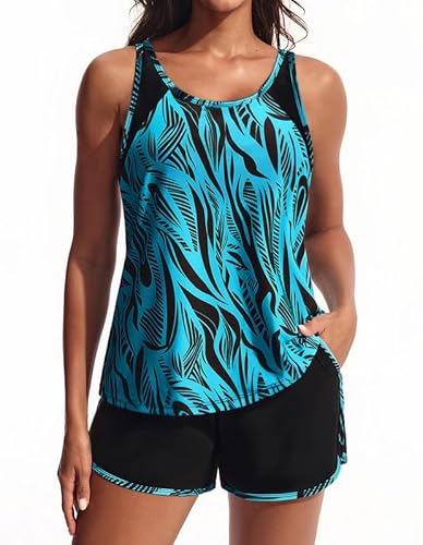 Hanna Nikole Damen Tankini Zweiteilig Sport Badeanzug Bauchweg Push Up Tankini Oberteil Und High Waist Eingearbeitetes Höschen Badeshorts Mit Taschen Bademode Schwimmanzug Badebekleidung Strandmode