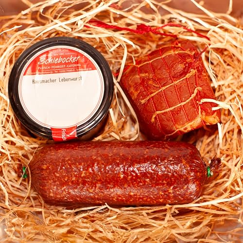 Wurstpaket Oberlausitz | Präsentkorb Edel Salami & geräucherter Schinken am Stück | Fresskorb Fleisch- & Wurstwaren mit Hackepeter/Mettwurst im Glas Original | Geschenkkorb, Wurstgeschenk