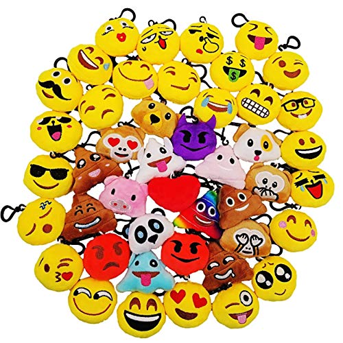 JZK 45 x Mini Plüsch Emoticon Schlüsselanhänger 5cm, gelb kleiner Smiley-Rucksack-Schlüsselanhänger für Kinder Erwachsene Geburtstagsparty-Gastgeschenke Andenken Werbegeschenke Partytütenfüller