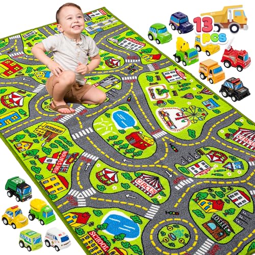 JOYIN Teppich Kinderzimmer 80x150cm mit 12 Mini Auto Spielzeug für Kinder, Spielteppich Straße Kinderteppich, Autoteppich Junge Mädchen für Schlafzimmer & Spielzimme