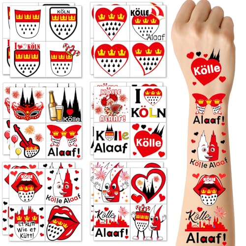 ENYACOS Köln Karneval Gesichtstattoos – 10 Bögen Temporäre Tattoos Aufkleber in Rot und Weiß für Karneval, Fasching & Kölle Alaaf Kostüme,face sticker karneval accessoires (B)