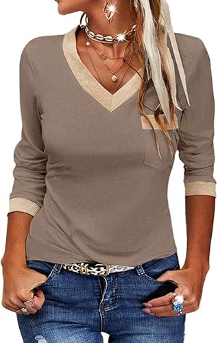 Fisoew Langarmshirt Damen Casual V-Ausschnitt Farbblock Langarm Oberteil T Shirts Basic Tunika Tops Blusen.