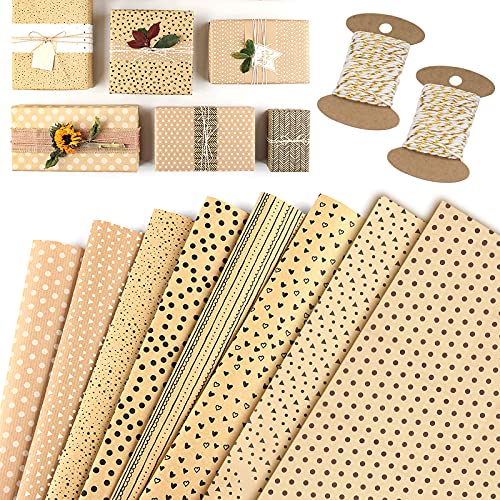 GmeDhc Geschenkpapier, 8 Stück Kraft Geschenkpapier Geburtstag, 50x70cm Hochzeitsgeschenkpapier mit 2 Rollen Baumwollseil, geschenkpapier braun vintage, kraftpapier für Weihnachten