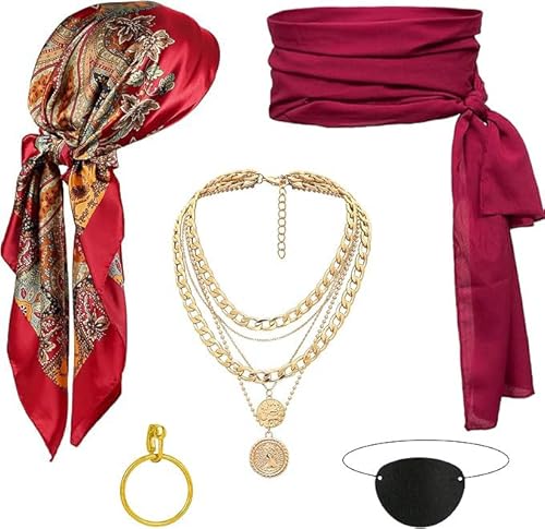 kiimiipa 5pcs Halloween Kostüm Damen Pirat,Piratenkostüm Accessoires Damen,Piraten Kostüm Frauen Accessoires Set,Halskette Piraten Stirnband Taillengürtel Pirat (Rot)