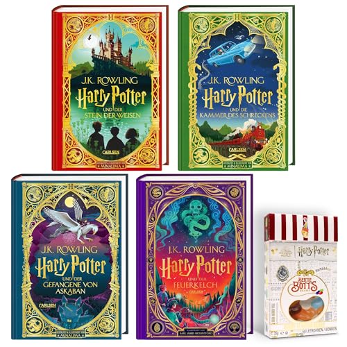J.K. Rowling Bücher Set - Harry Potter Band 1-4 MinaLima Schmuckausgaben inkl. Bertie Botts Bohnen 35g - Illustrierte Hardcover Editionen mit Papierkunst-Elementen - Geschenkbox für Fans und Sammler